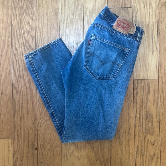 Levi's 501 Straight Fit Denim Jeans - Classic Blue Buttonfly, Distressed - Picture 7 of 8